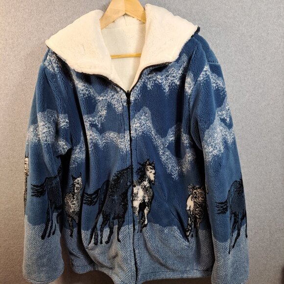 VTG Nordic Lights Jacket Coat Womens M Hooded Reversible Fleece Horse Pony Blue - Picture 2 of 14